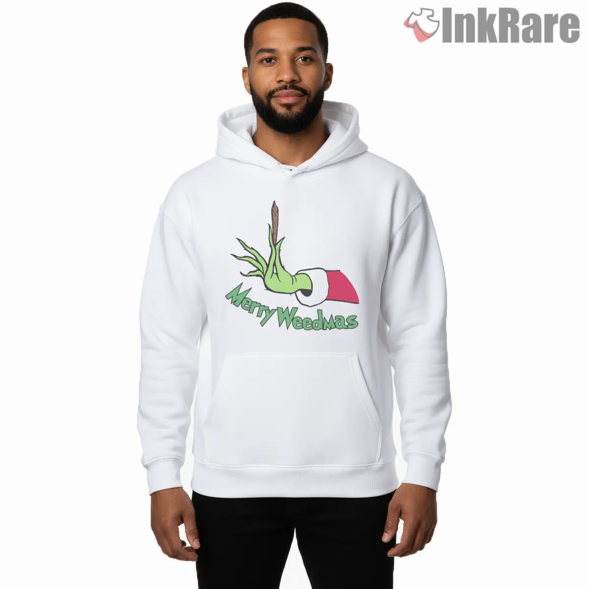 Merry Weedmas Green Grinch Hand Shirt on white hoodie for men graphic tee