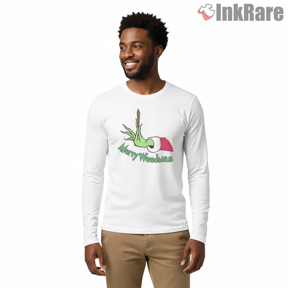 Merry Weedmas Green Grinch Hand Long Sleeve White Merry Weedmas Green Grinch Hand Shirt on white long sleeve shirt for men graphic tee
