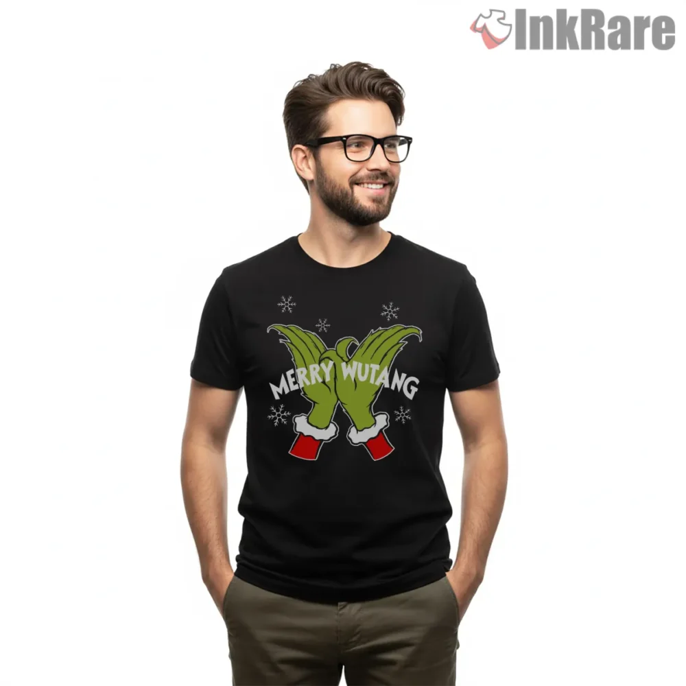 Merry Wu Tang Grinch Hands Holiday Shirt on black short sleeve shirt for men graphic tee