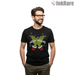 Merry Wu Tang Grinch Hands Holiday Shirt on black short sleeve shirt for men graphic tee
