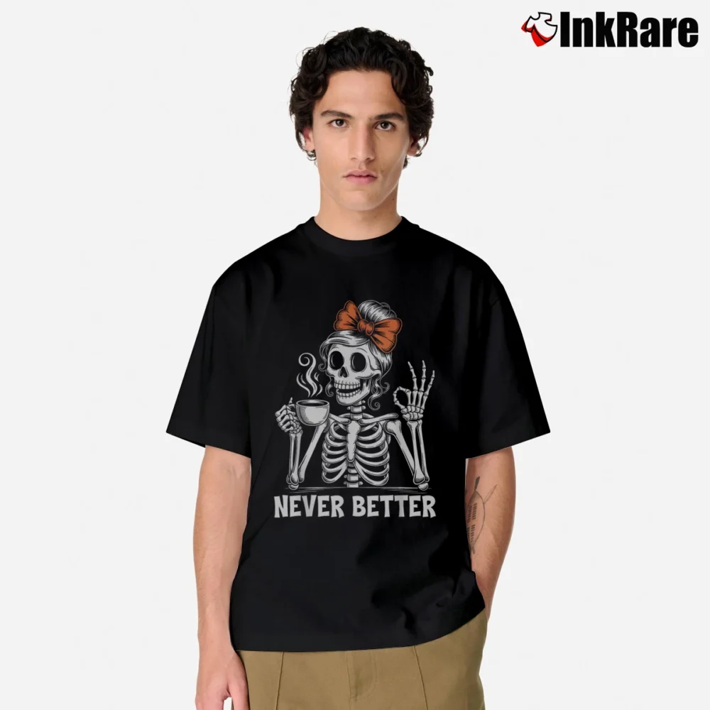 Men’s Messy Bun Coffee Skeleton Coquette Bow Classic T-Shirt in black | Soft, Breathable Everyday Wear