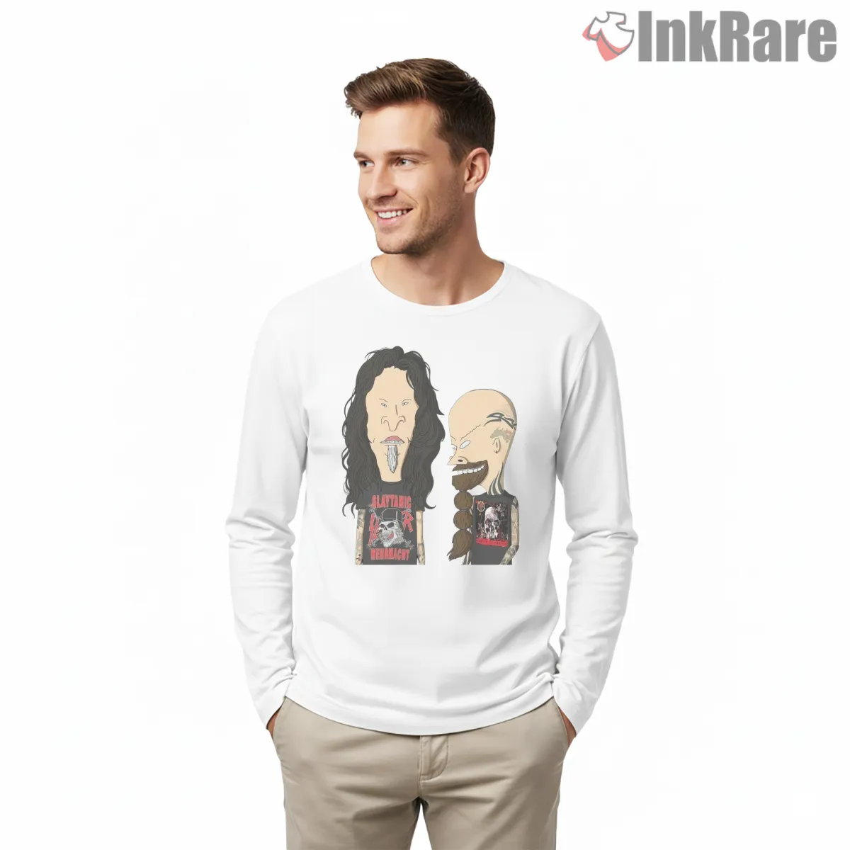 Metal Beavis And Butt Head Heavy Caricature Long Sleeve White Metal Beavis And Butt Head Heavy Caricature Shirt on white long sleeve shirt for men graphic tee