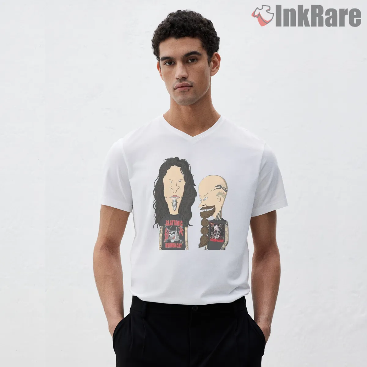Metal Beavis And Butt Head Heavy Caricature V Neck White Metal Beavis And Butt Head Heavy Caricature Shirt on white v-neck shirt for men graphic tee