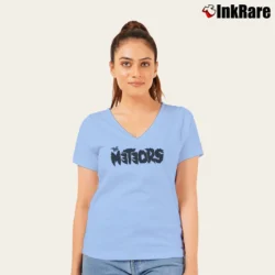 Women’s Meteors Logo Psychobilly V-Neck Tee in light blue | Chic Neckline, Soft Texture