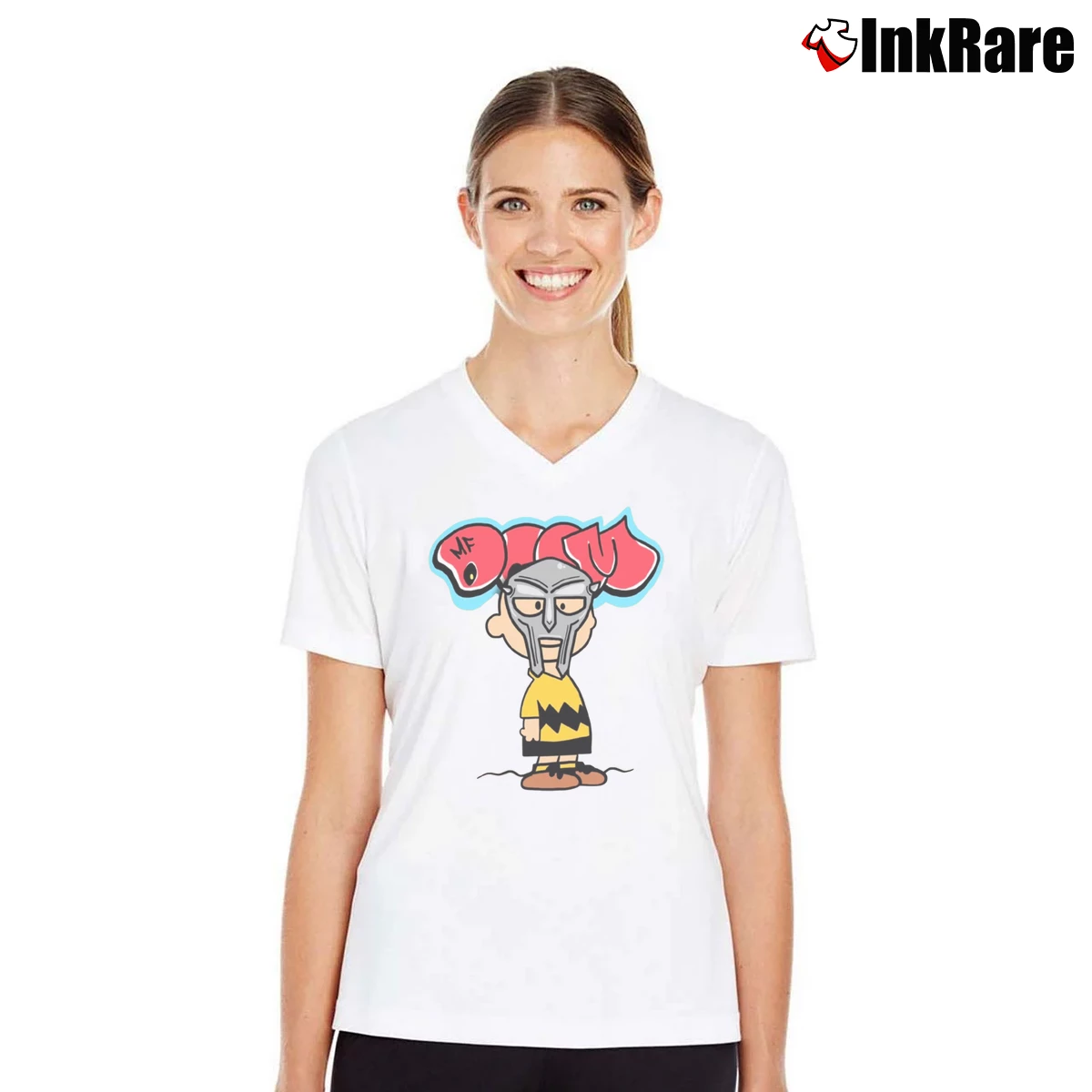 Mf Doom Charlie Brown Peanuts Women’s V-Neck Tee in white – Flattering Fit Women’s Mf Doom Charlie Brown Peanuts V-Neck Tee in white | Chic Neckline, Soft Texture