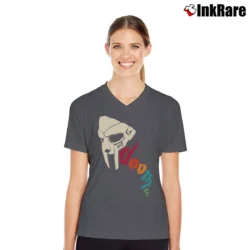 Women’s mf doom retro mask graphic hip hop V-Neck Tee in charcoal | Chic Neckline, Soft Texture