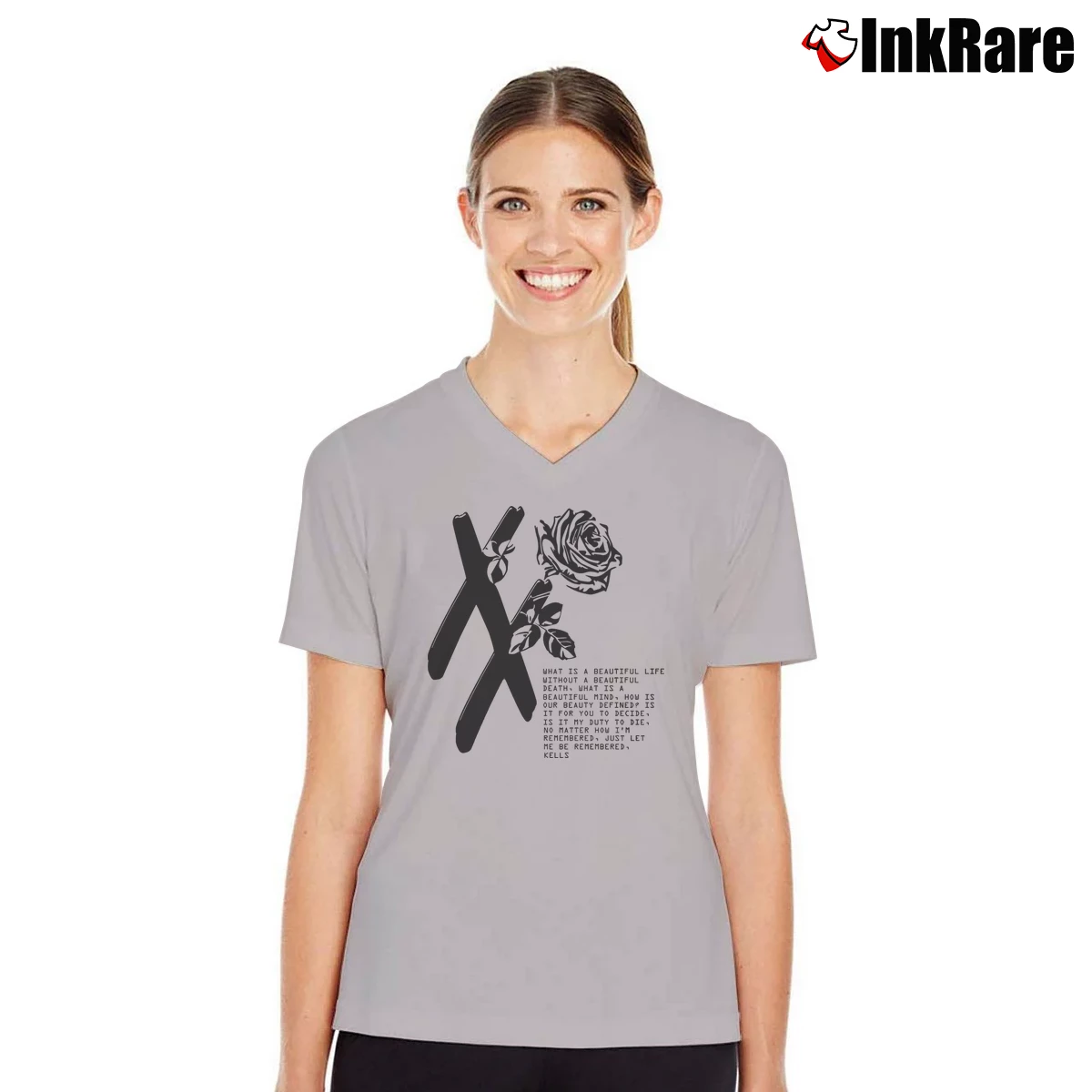Women’s Mgk Rap Devil Rose Floral Graphic V-Neck Tee in sport grey | Chic Neckline, Soft Texture