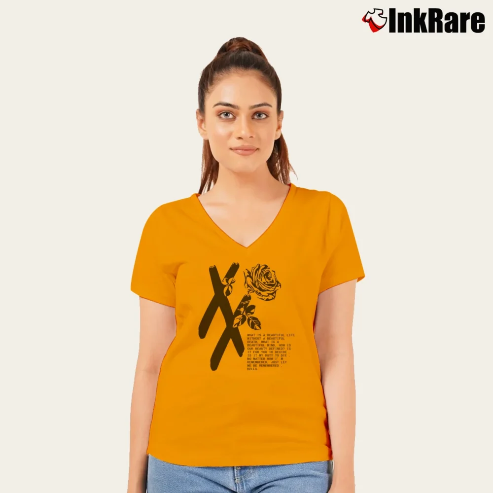 Women’s Mgk T Xx Flower Black Rose V-Neck Tee in orange | Chic Neckline, Soft Texture