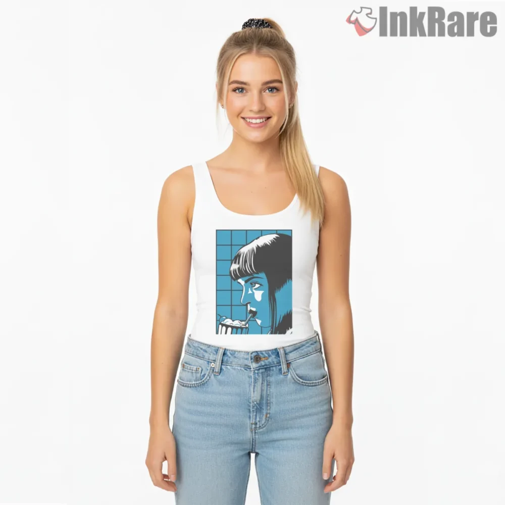 Mia Wallace Blue Milkshake Profile Shirt on white tank top for women graphic tee