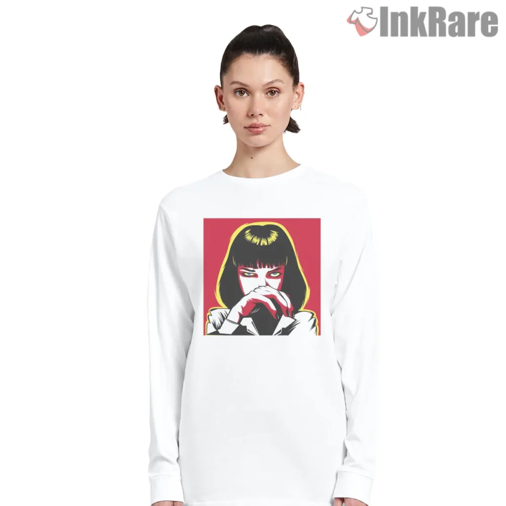 Mia Wallace Bold Pop Art Shirt on white long sleeve shirt for women graphic tee