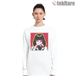 Mia Wallace Bold Pop Art Shirt on white long sleeve shirt for women graphic tee