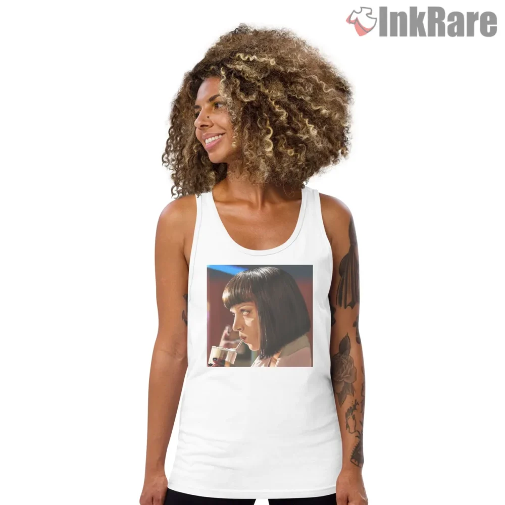 Mia Wallace Drink With Me Portrait Shirt on white tank top for women graphic tee