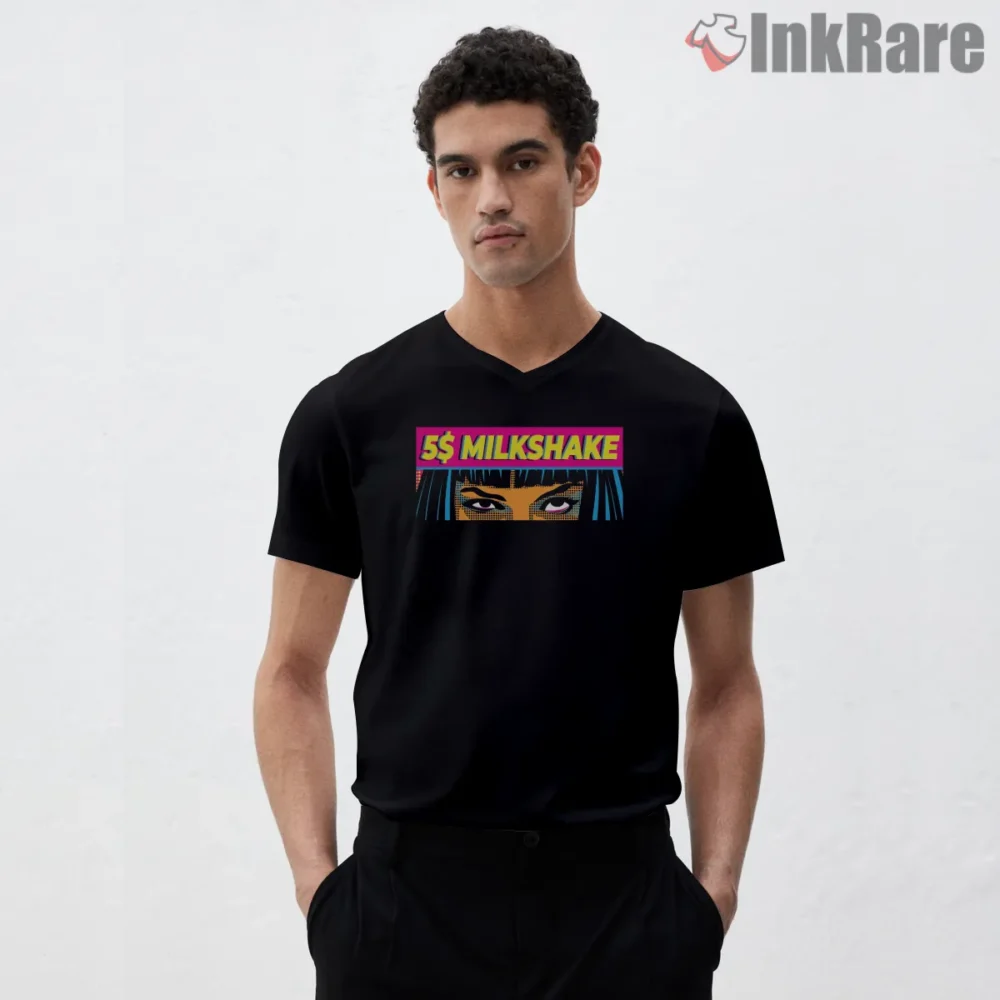 Mia Wallace Five Dollar Milkshake Neon Shirt on black v-neck shirt for men graphic tee