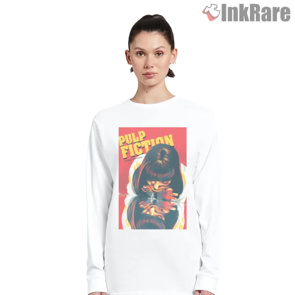 Mia Wallace Flaming Reflection Poster Shirt on white long sleeve shirt for women graphic tee