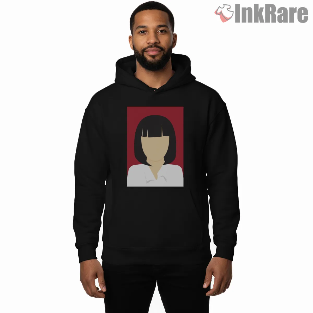 Mia Wallace Minimalist Icon Shirt on black hoodie for men graphic tee