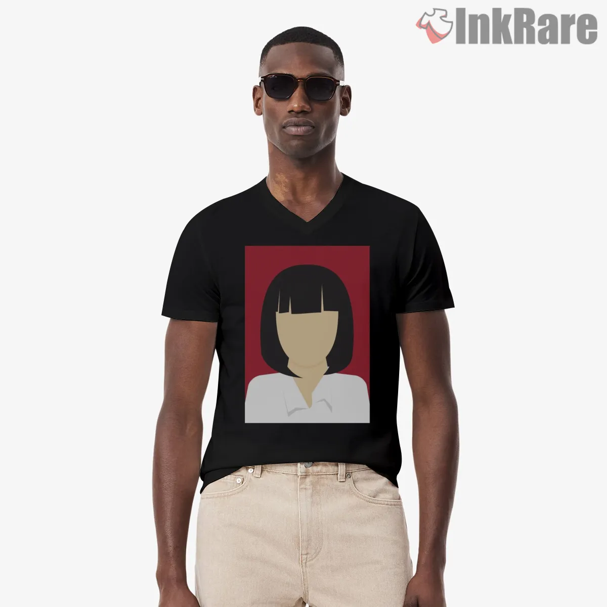 Mia Wallace Minimalist Icon V Neck Black Mia Wallace Minimalist Icon Shirt on black v-neck shirt for men graphic tee