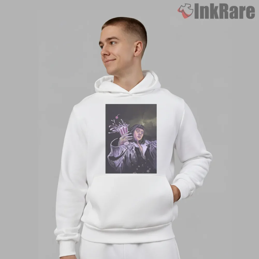 Mia Wallace Neon Fan Art Spill Shirt on white hoodie for men graphic tee