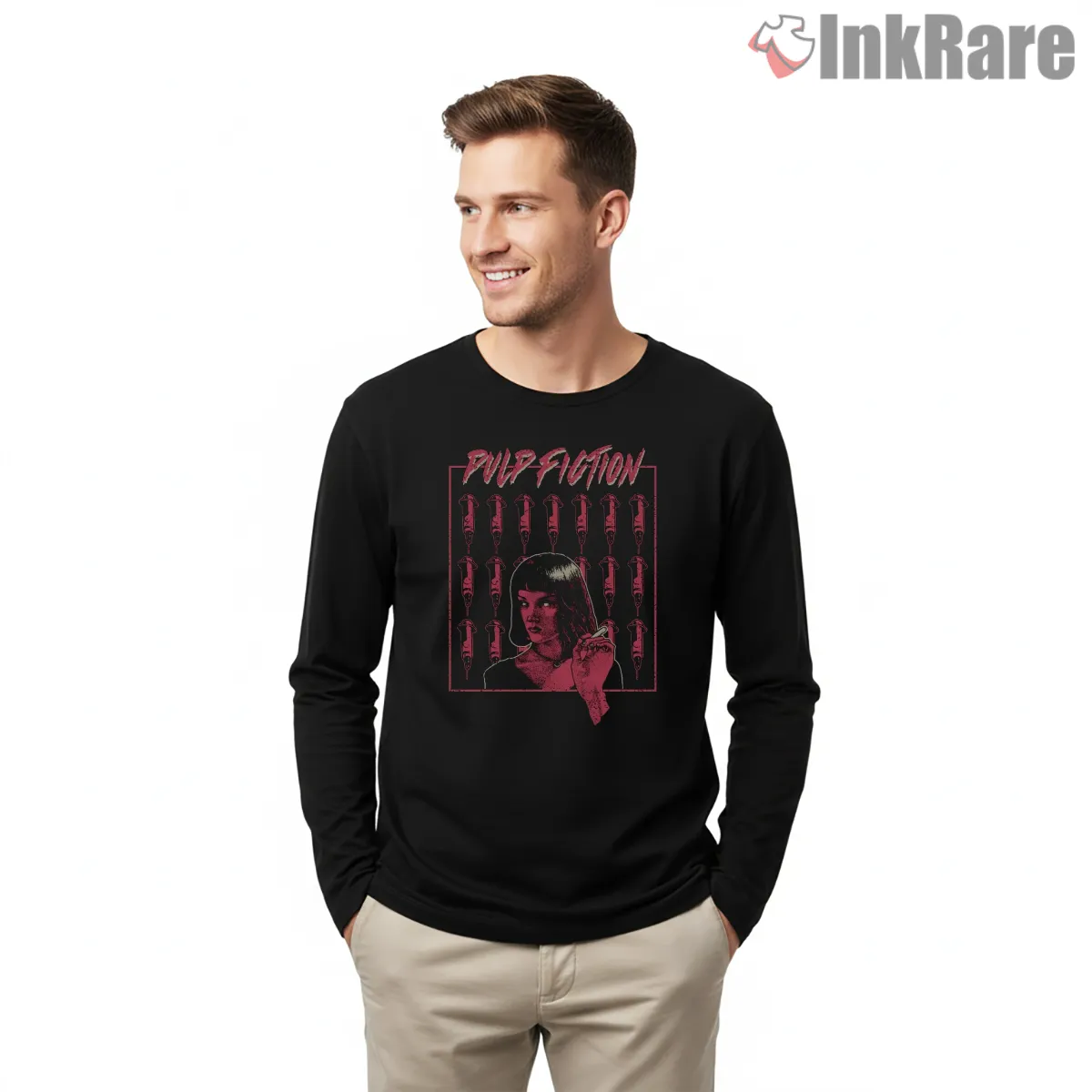 Mia Wallace Neon Syringe Grid Shirt on black long sleeve shirt for men graphic tee