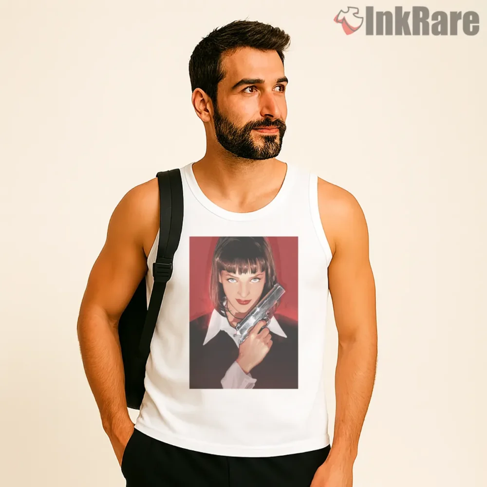 Mia Wallace Noir Gun Portrait Shirt on white tank top for men graphic tee