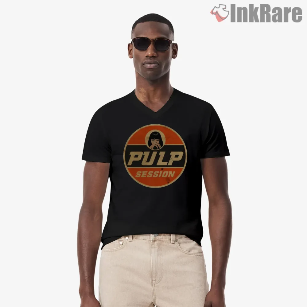 Mia Wallace Pulp Session Vinyl Shirt on black v-neck shirt for men graphic tee