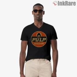 Mia Wallace Pulp Session Vinyl Shirt on black v-neck shirt for men graphic tee