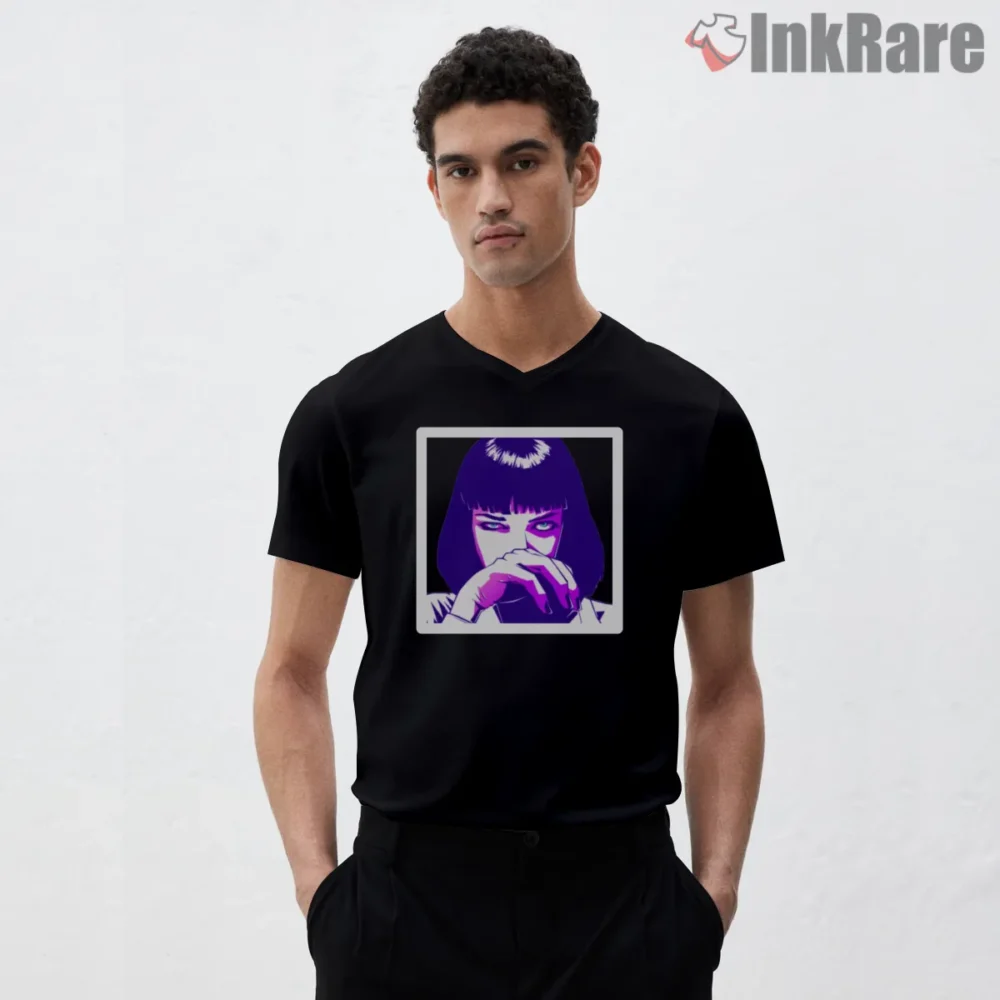 Mia Wallace Purple Pop Portrait Shirt on black v-neck shirt for men graphic tee
