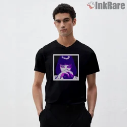 Mia Wallace Purple Pop Portrait Shirt on black v-neck shirt for men graphic tee