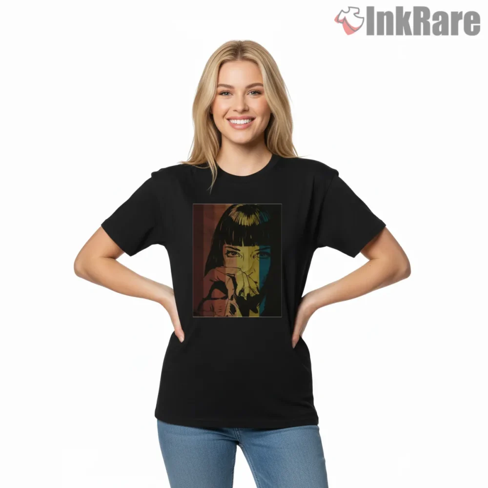 Mia Wallace Red Gold Pulp Portrait Shirt on black short sleeve shirt for women graphic tee