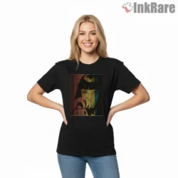 Mia Wallace Red Gold Pulp Portrait Shirt on black short sleeve shirt for women graphic tee