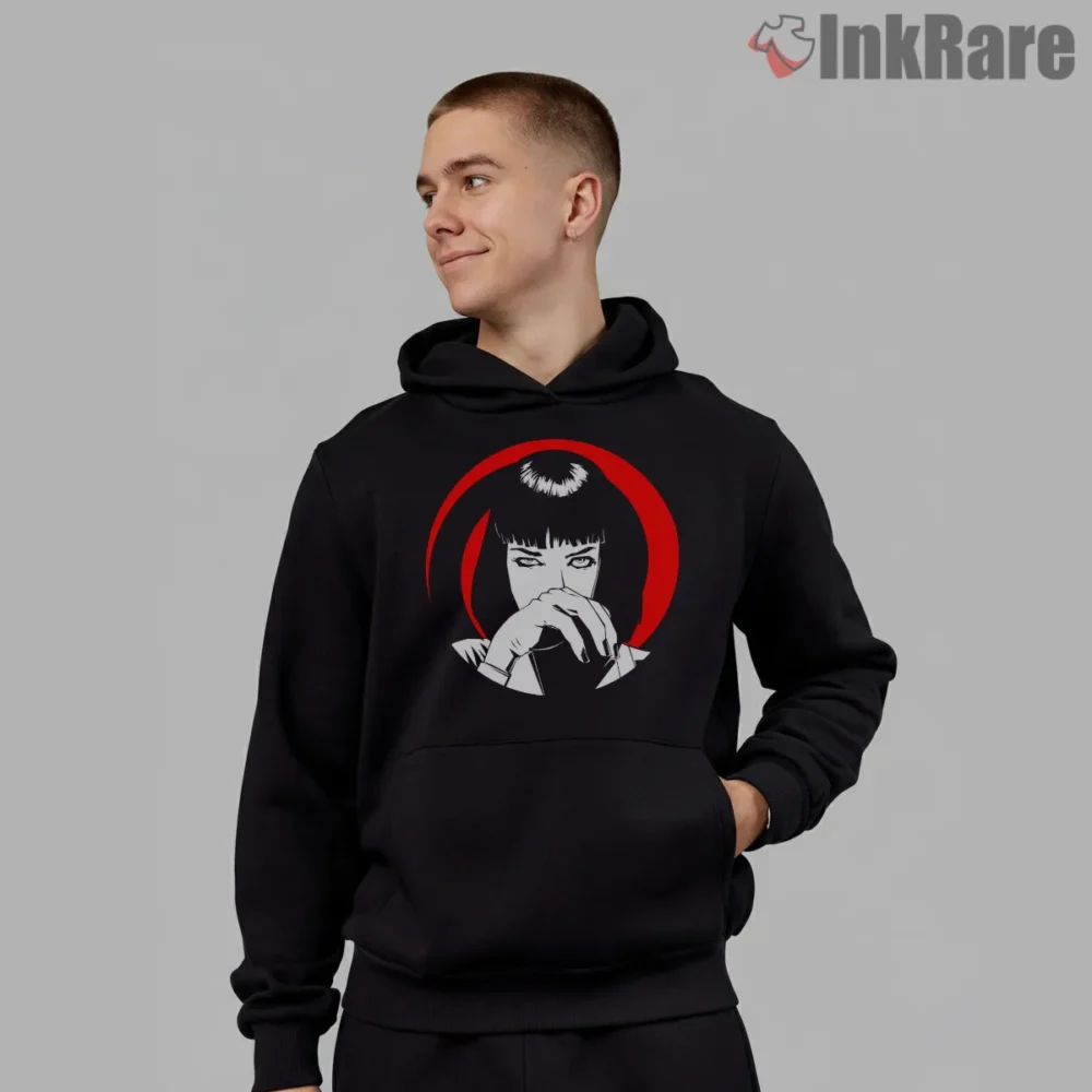 Mia Wallace Red Halo Line Art Shirt on black hoodie for men graphic tee