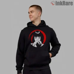 Mia Wallace Red Halo Line Art Shirt on black hoodie for men graphic tee