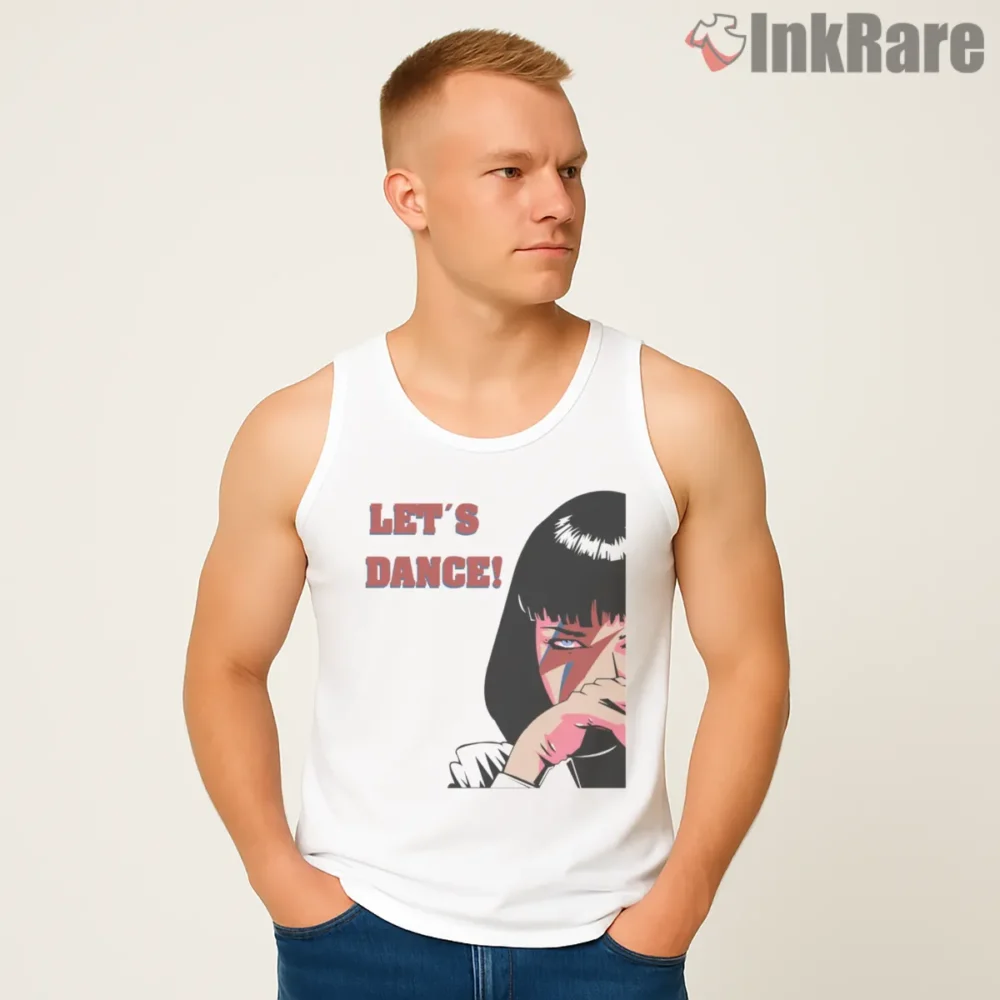 Mia Wallace Space Dance Tribute Shirt on white tank top for men graphic tee