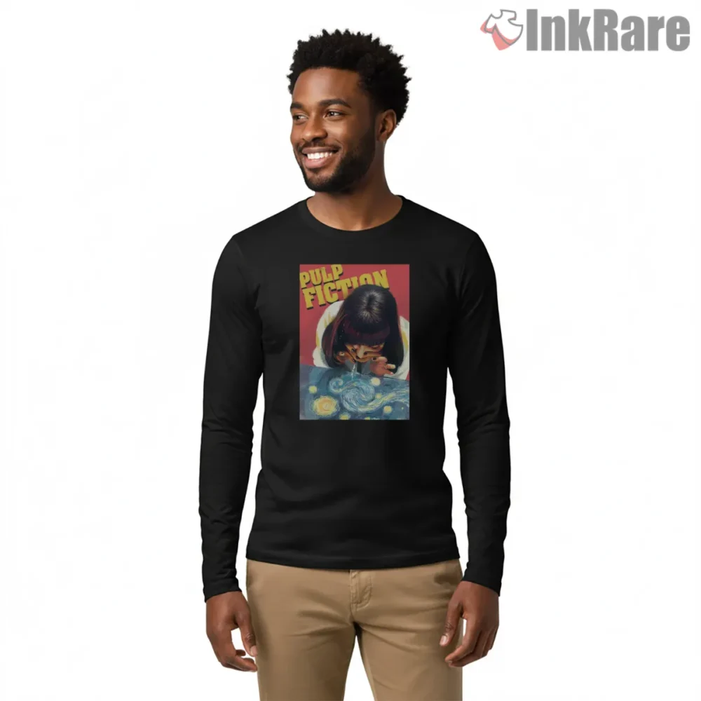 Mia Wallace Starry Night Table Scene Shirt on black long sleeve shirt for men graphic tee