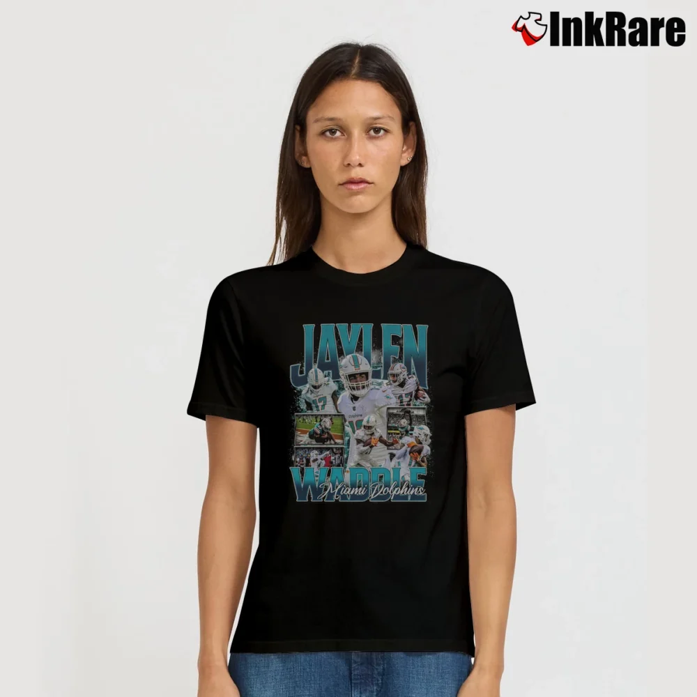 Women’s miami dolphins jaylen waddle retro bootleg for NFL Fans Signature T-Shirt in black | Soft, Flattering Fit