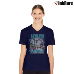 Women’s miami dolphins jaylen waddle retro bootleg for NFL Fans V-Neck Tee in navy | Chic Neckline, Soft Texture