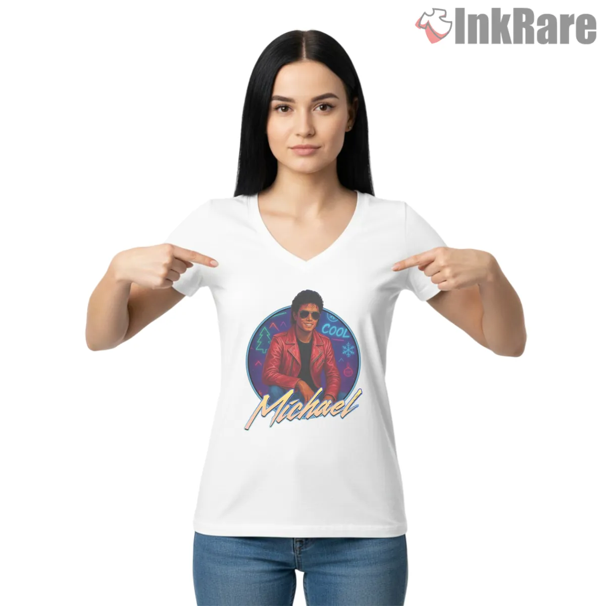 Michael Jackson 80s Retro Cool Portrait V Neck White Michael Jackson 80s Retro Cool Portrait Shirt on white v-neck shirt for women graphic tee