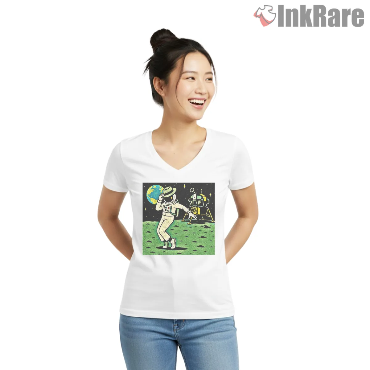 Michael Jackson Astronaut Moonwalk Tribute V Neck White Michael Jackson Astronaut Moonwalk Tribute Shirt on white v-neck shirt for women graphic tee