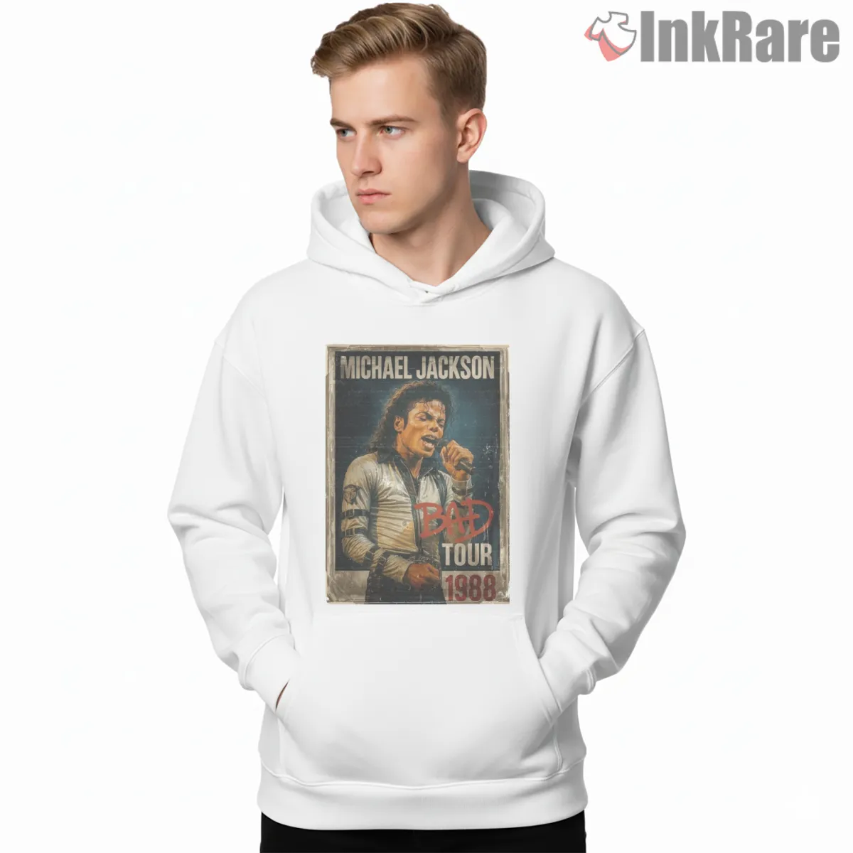Michael Jackson Bad Tour 1988 Vintage Concert Hoodie White Michael Jackson Bad Tour 1988 Vintage Concert Shirt on white hoodie for men graphic tee