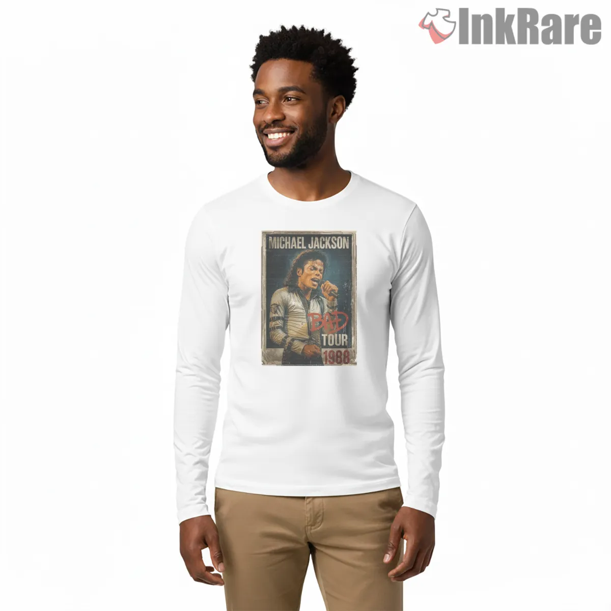 Michael Jackson Bad Tour 1988 Vintage Concert Shirt on white long sleeve shirt for men graphic tee