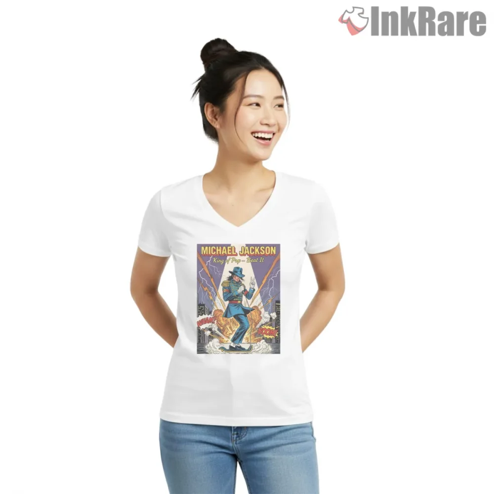 Michael Jackson Beat It Comic Action Poster Shirt on white v-neck shirt for women graphic tee