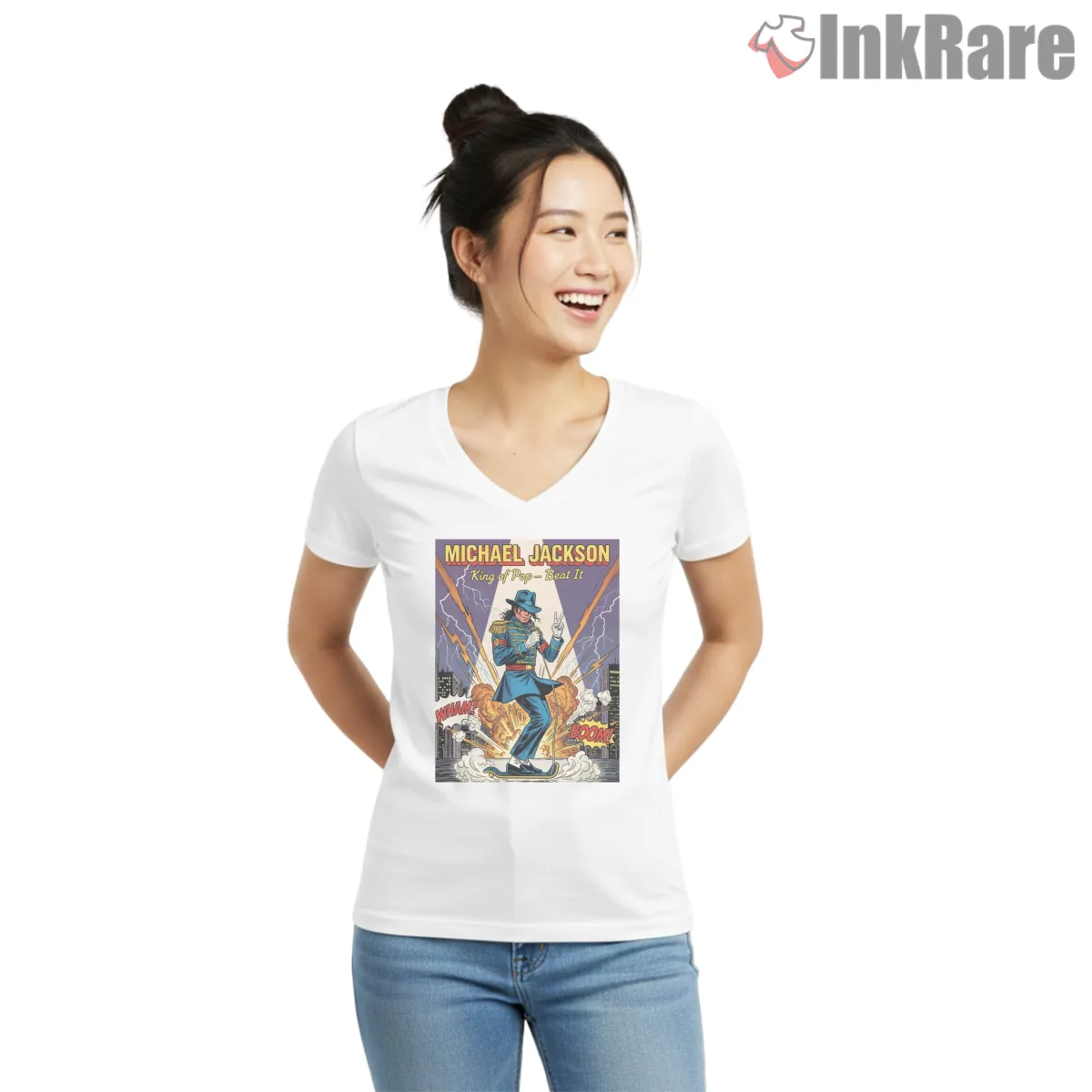Michael Jackson Beat It Comic Action Poster V Neck White Michael Jackson Beat It Comic Action Poster Shirt on white v-neck shirt for women graphic tee