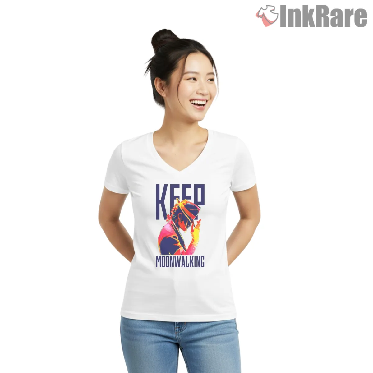 Michael Jackson Keep Moonwalking Typography V Neck White Michael Jackson Keep Moonwalking Typography Shirt on white v-neck shirt for women graphic tee
