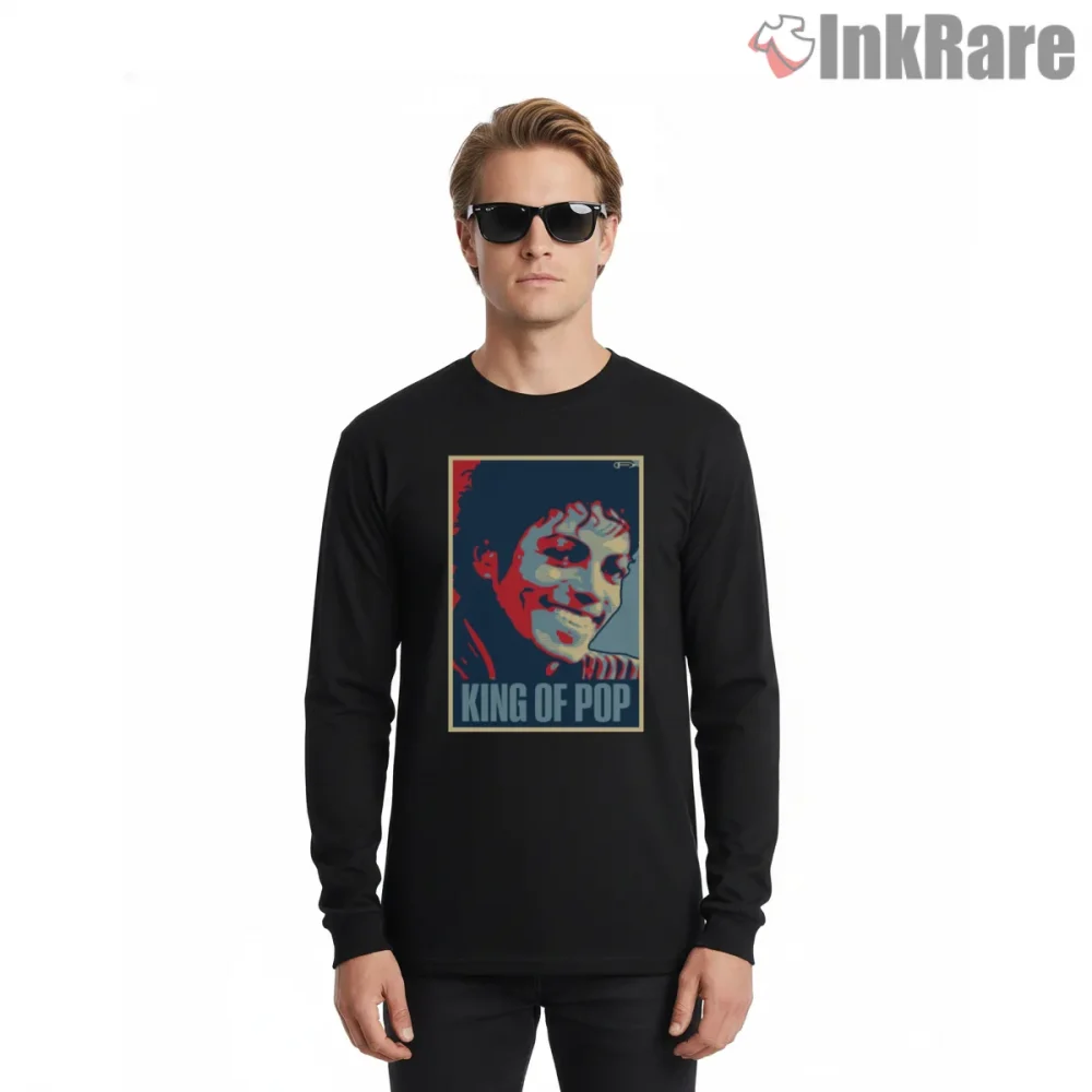 Michael Jackson King Of Pop Poster Portrait Shirt on black long sleeve shirt for men graphic tee