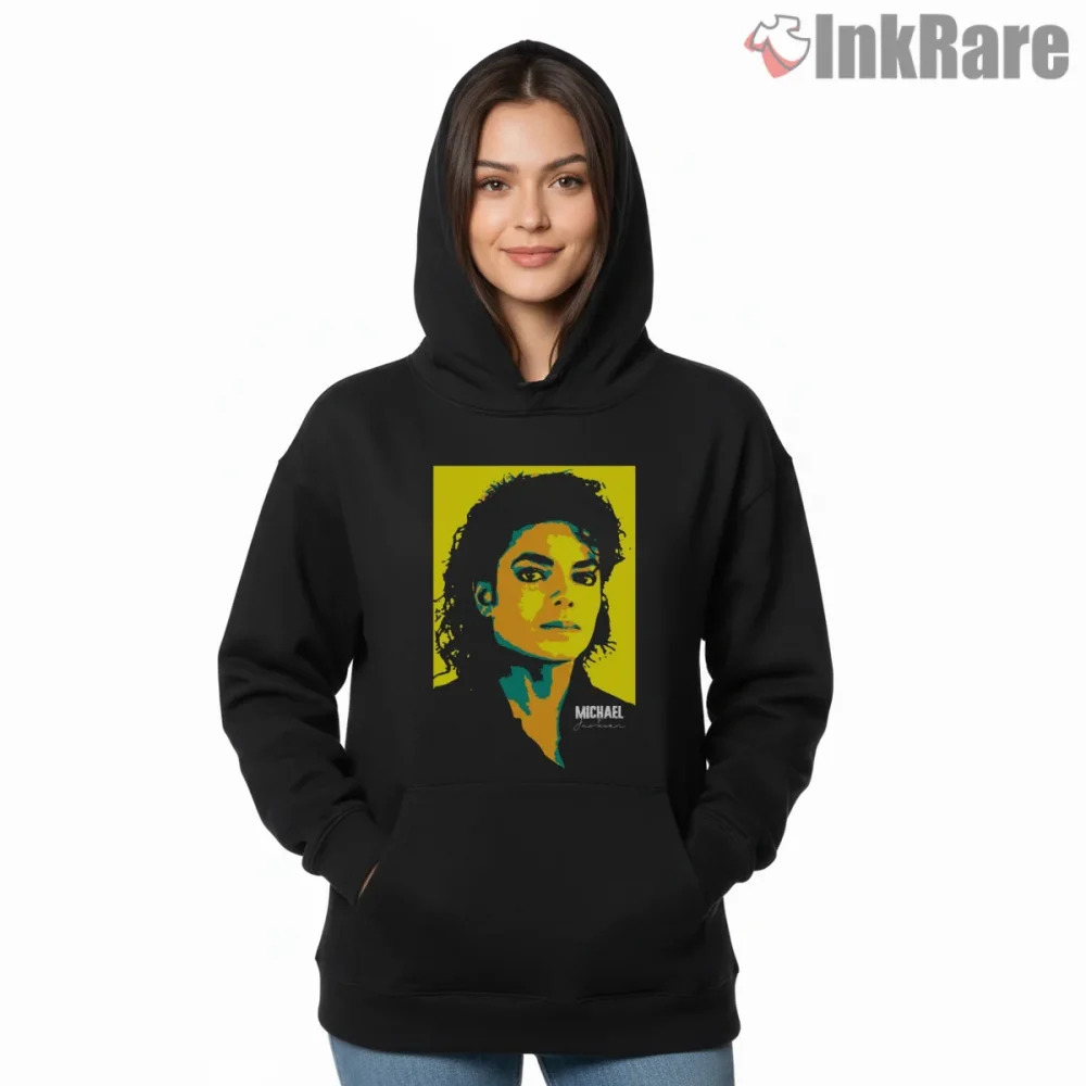 Michael Jackson Neon Pop Art Portrait Shirt on black hoodie for women graphic tee