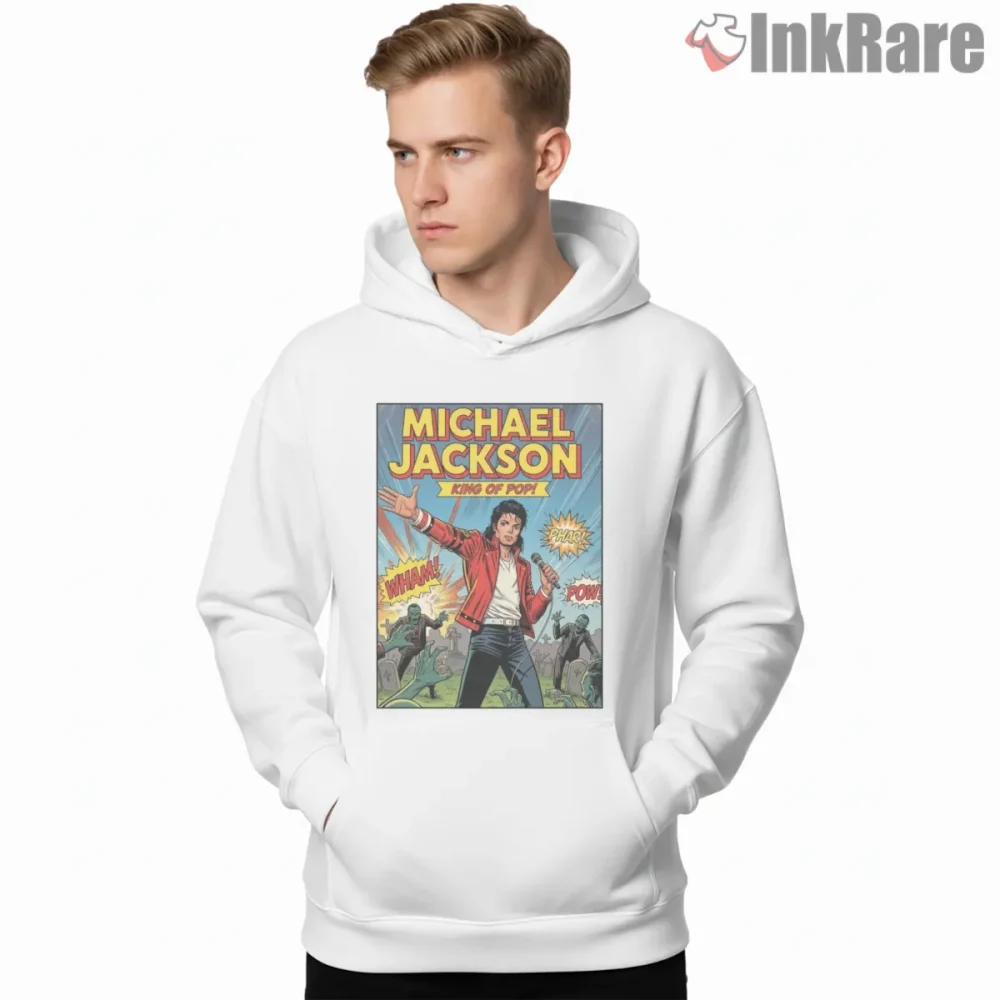 Michael Jackson Retro Comic Hero Performance Shirt on white hoodie for men graphic tee