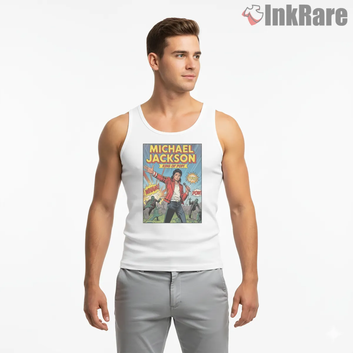 Michael Jackson Retro Comic Hero Performance Tank Top White Michael Jackson Retro Comic Hero Performance Shirt on white tank top for men graphic tee