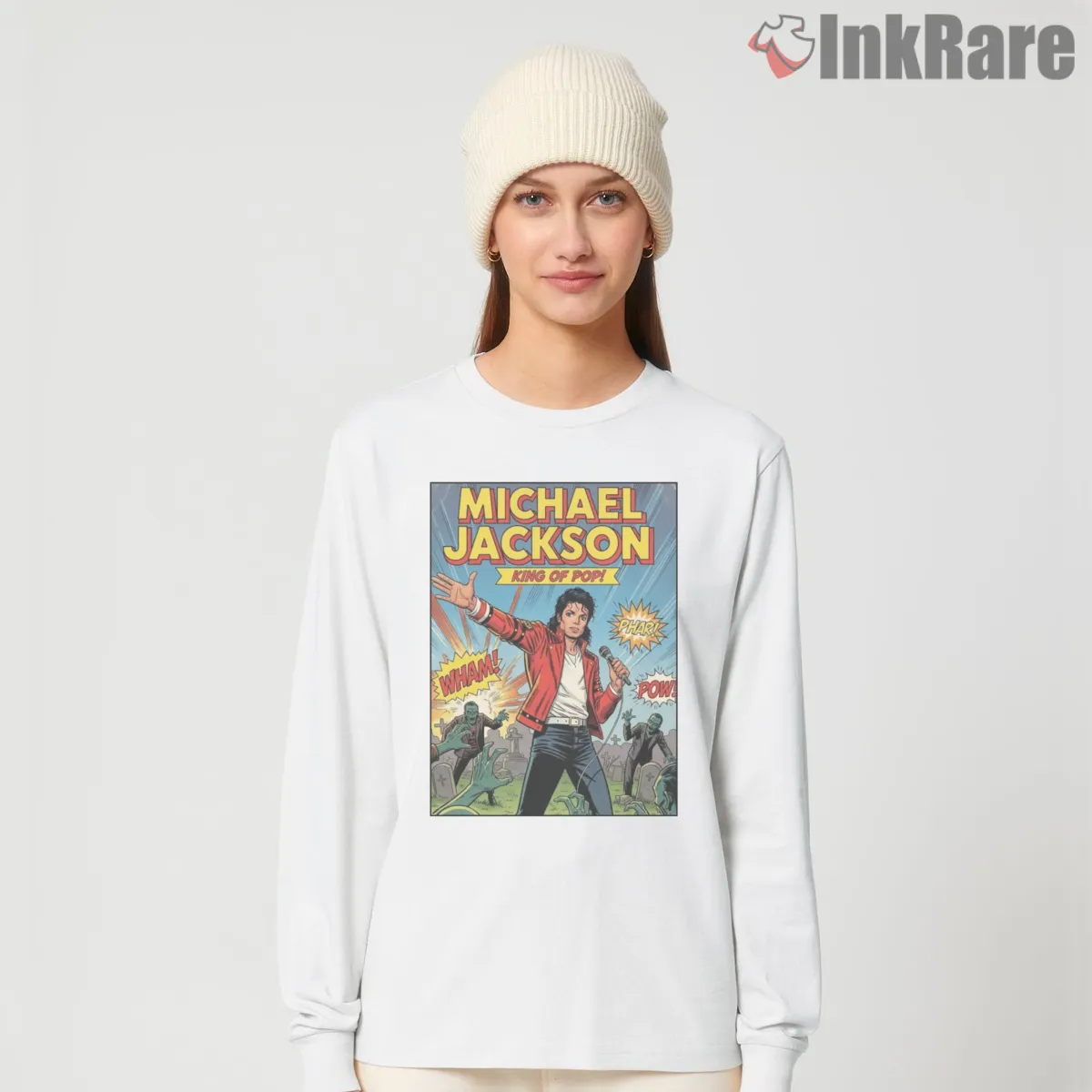 Michael Jackson Retro Comic Hero Performance Long Sleeve White Michael Jackson Retro Comic Hero Performance Shirt on white long sleeve shirt for women graphic tee