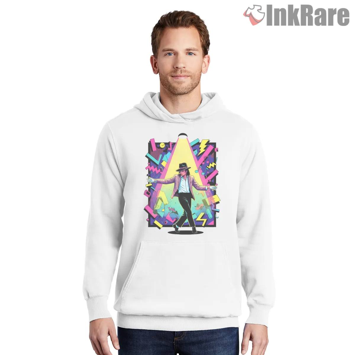 Michael Jackson Retro Neon Dance Poster Hoodie White Michael Jackson Retro Neon Dance Poster Shirt on white hoodie for men graphic tee