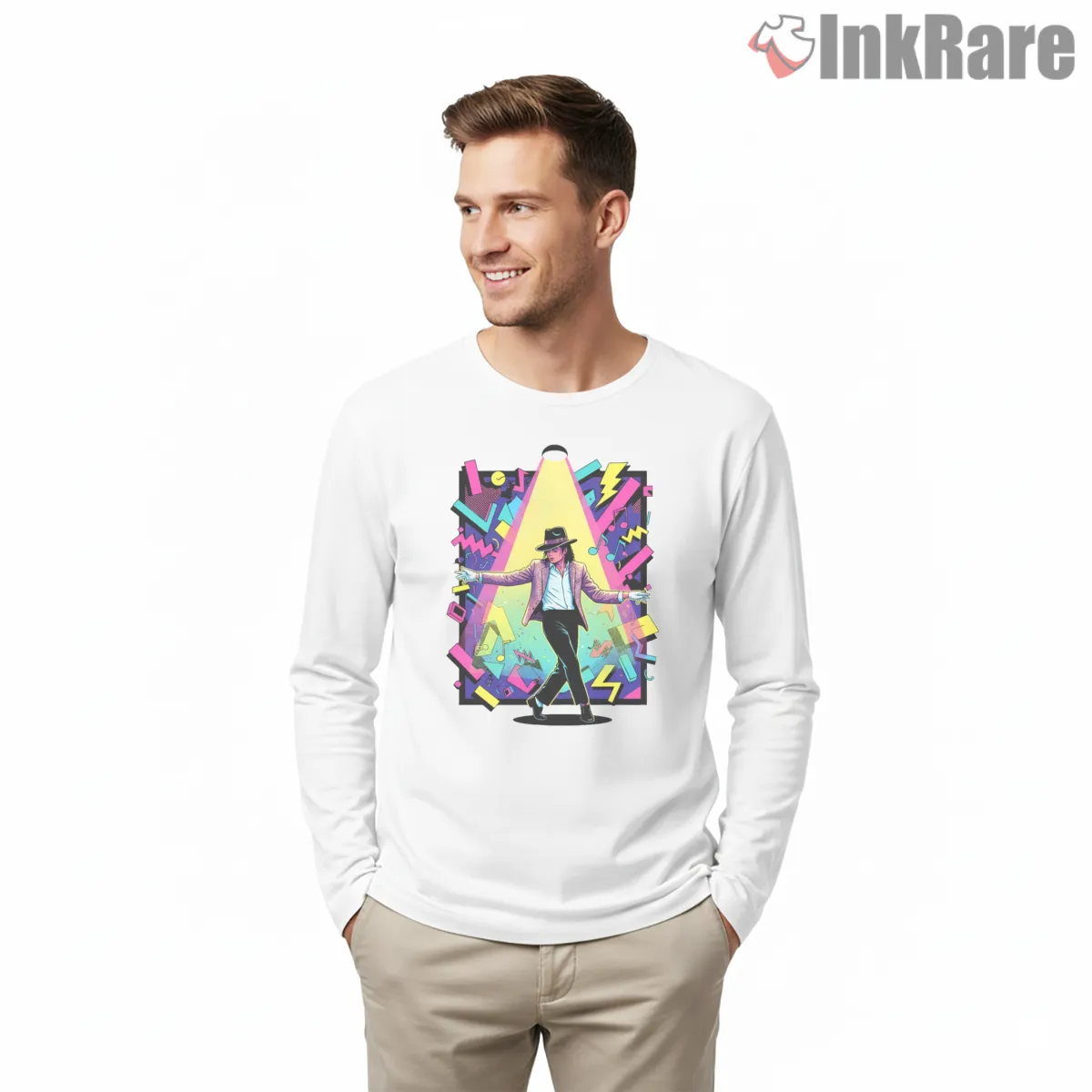 Michael Jackson Retro Neon Dance Poster Shirt on white long sleeve shirt for men graphic tee
