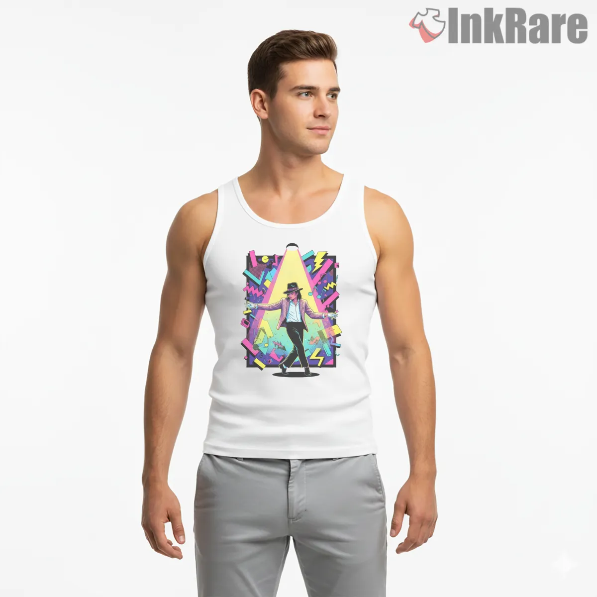 Michael Jackson Retro Neon Dance Poster Tank Top White Michael Jackson Retro Neon Dance Poster Shirt on white tank top for men graphic tee